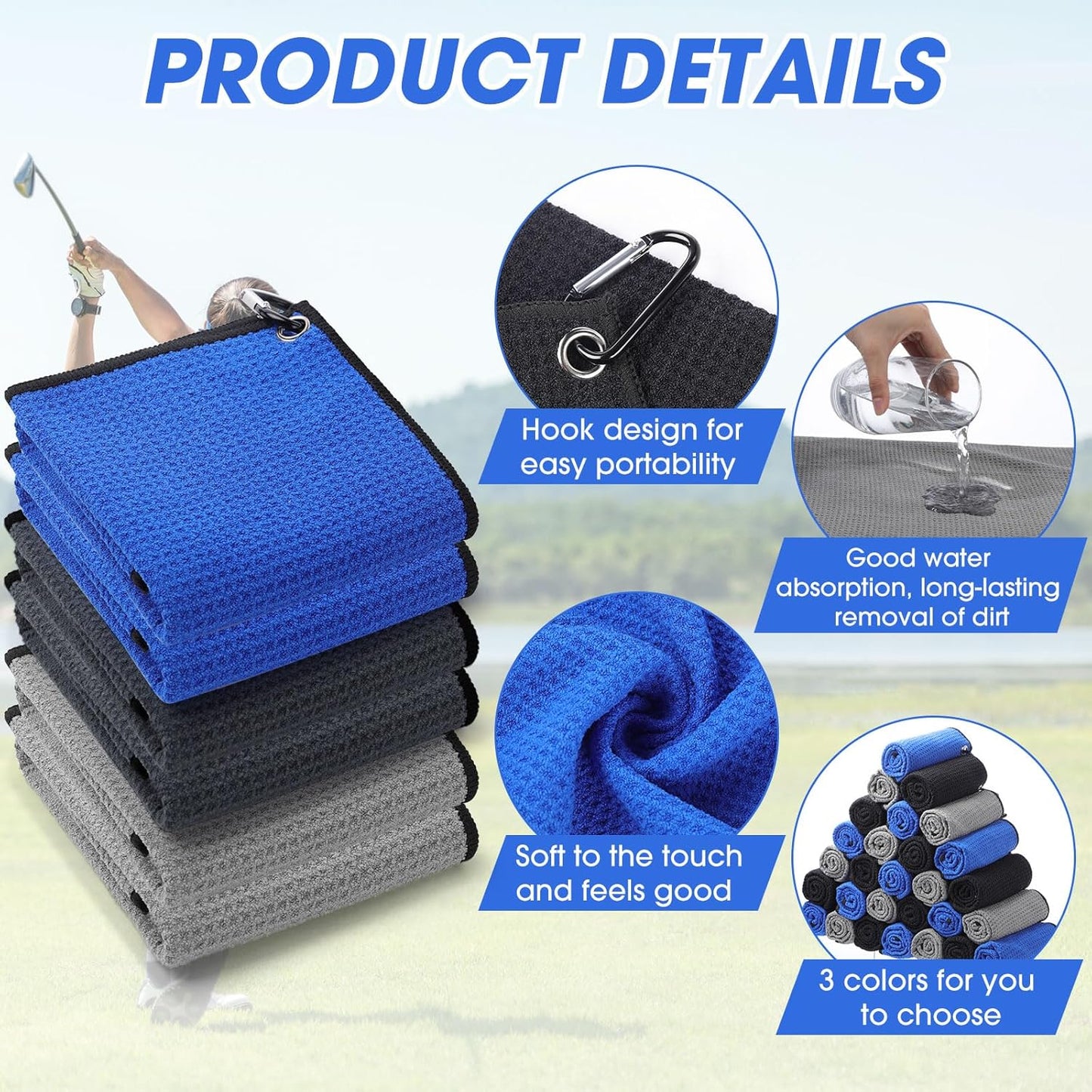 Batiyeer Golf Towels Bulk for Bags 16'' x 16'' Microfiber Waffle Pattern Golf Towel with Clipfor Mini Tournament, Club, Yoga, Fitness