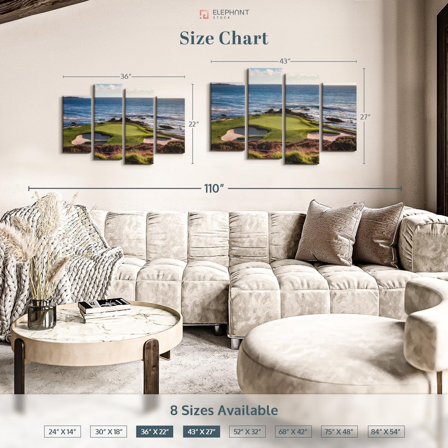 Elephant Stock California Coastline Golf Course Wall Art - Horizontal Canvas - 4-Piece Living Room Wall Decor - Photography Sports Canvas Print - Brown and Beige Decor for Wall - 36" X 22"