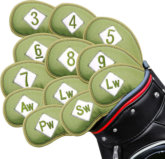 FINGER TEN Premium Synthetic Leather Stylish Iron & Wedge Golf Head Covers Value 12 Piece Set, Embroidered Labels & Fits Most Clubs Gift Set, Travel Protection Accessories