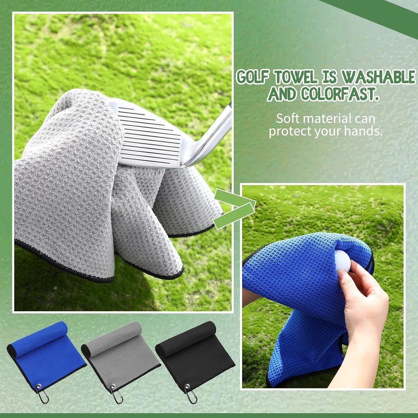 Batiyeer 30 Pcs Bulk Golf Towels for Golf Bags 16'' x 16'' Microfiber Fabric Golf Towel Waffle Pattern with Clip for Bags Men Mini Tournament Fitness Yoga Camping(Black, Blue, Gray)