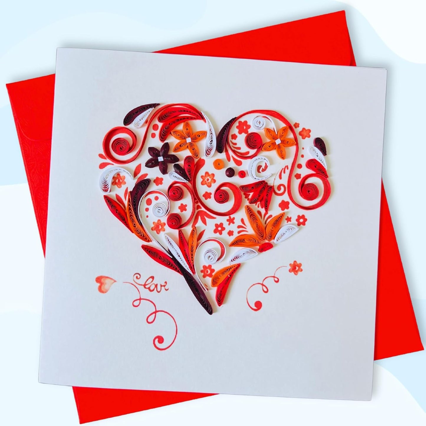 Quilling Cards, handmade card, quilled cards with Handmade Art for all occasions: quilling birthday card for women, Birthday card, mother... colorful heart design (Red heart)