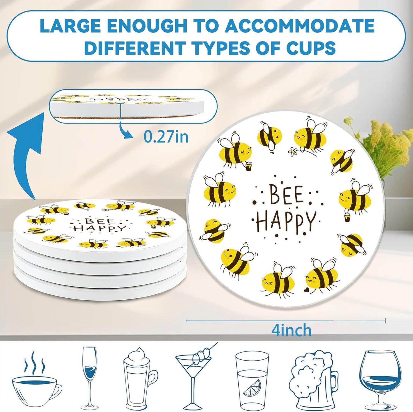 Bee Coasters Set of 4, Absorbent Ceramic with Cork Backing, Bee Happy Coaster Mats for Drinks, Ideal Gifts for Women Men