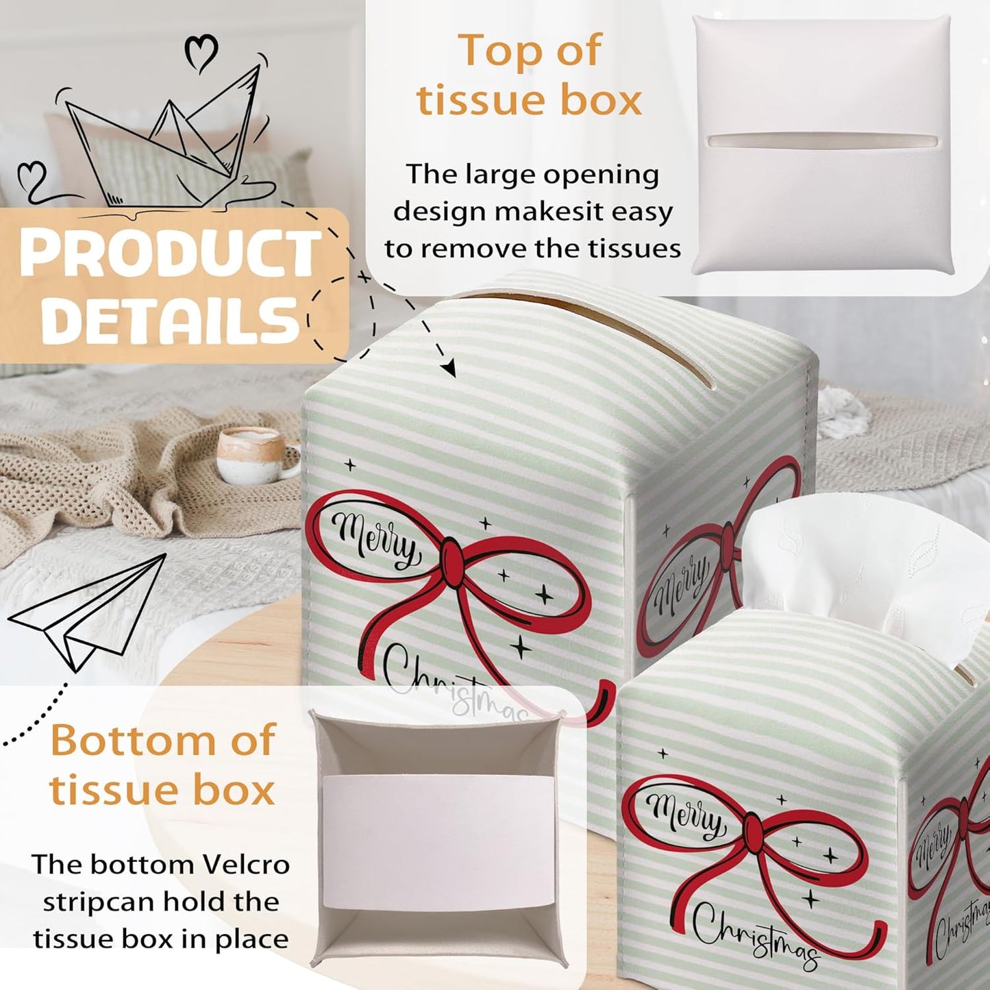 Merry Christmas Tissue Box Holder, Christmas Bow Leather Tissue Box Cover Square, Paper Facial Decorative Tissues Cover for Night Stands Bathroom Kitchen Office Home Decor-B25