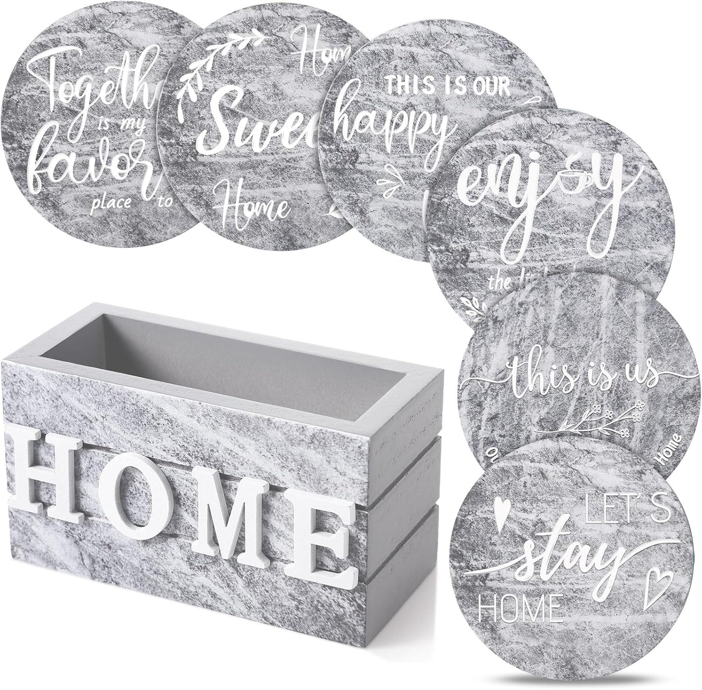 Queekay Housewarming Gifts for Home Decoration Wooden Heart Coasters for Drinks 6 Set Farmhouse Coasters with Holder Funny for Family Coffee Table Protection, 4''(Gray Marble)