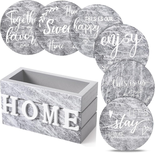 Queekay Housewarming Gifts for Home Decoration Wooden Heart Coasters for Drinks 6 Set Farmhouse Coasters with Holder Funny for Family Coffee Table Protection, 4''(Gray Marble)