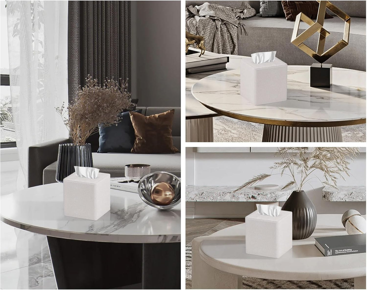 Tissue Box Cover Square PU Leather Facial Tissue Box Holder for Dresser Bathroom Decor (Linen Beige)