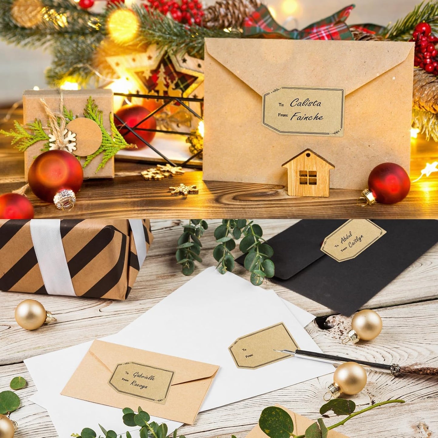 Kraft Gift Tag Stickers, 1.18" x 2" Christmas Gift Tags Stickers, Brown Kraft to and from Gifts Labels Self Adhesive Christmas Labels Holiday Present Label, Perforated line design-600PCS