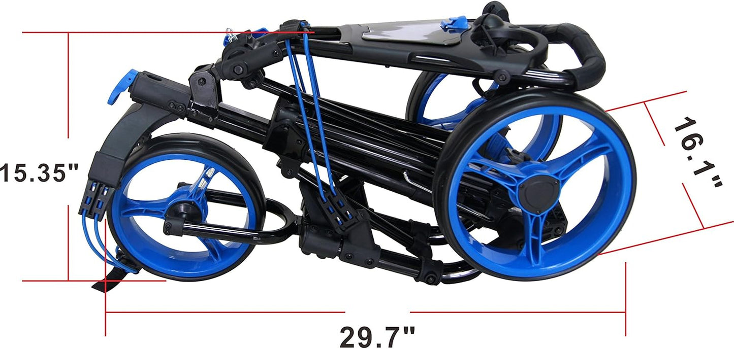 Golf Push Cart 3 Wheel with Foot Brake – 1-Second Fold/Unfold, Adjustable Handle, Umbrella Holder, Beverage Compartment & Storage | Lightweight Aircraft-Grade Aluminum Frame