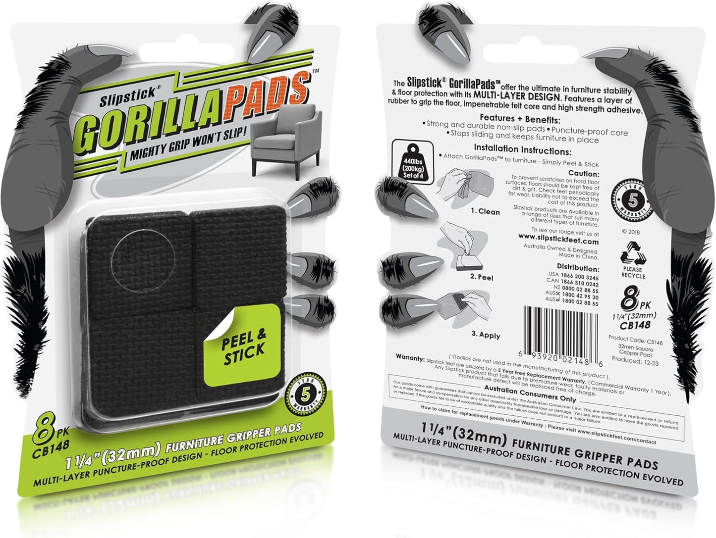 Slipstick GorillaPads CB148 Non Slip Furniture Pads/Rubber Gripper Feet (Set of 8) Self Adhesive Anti-Skid Floor Protectors, 1-1/4 inch Square, Black