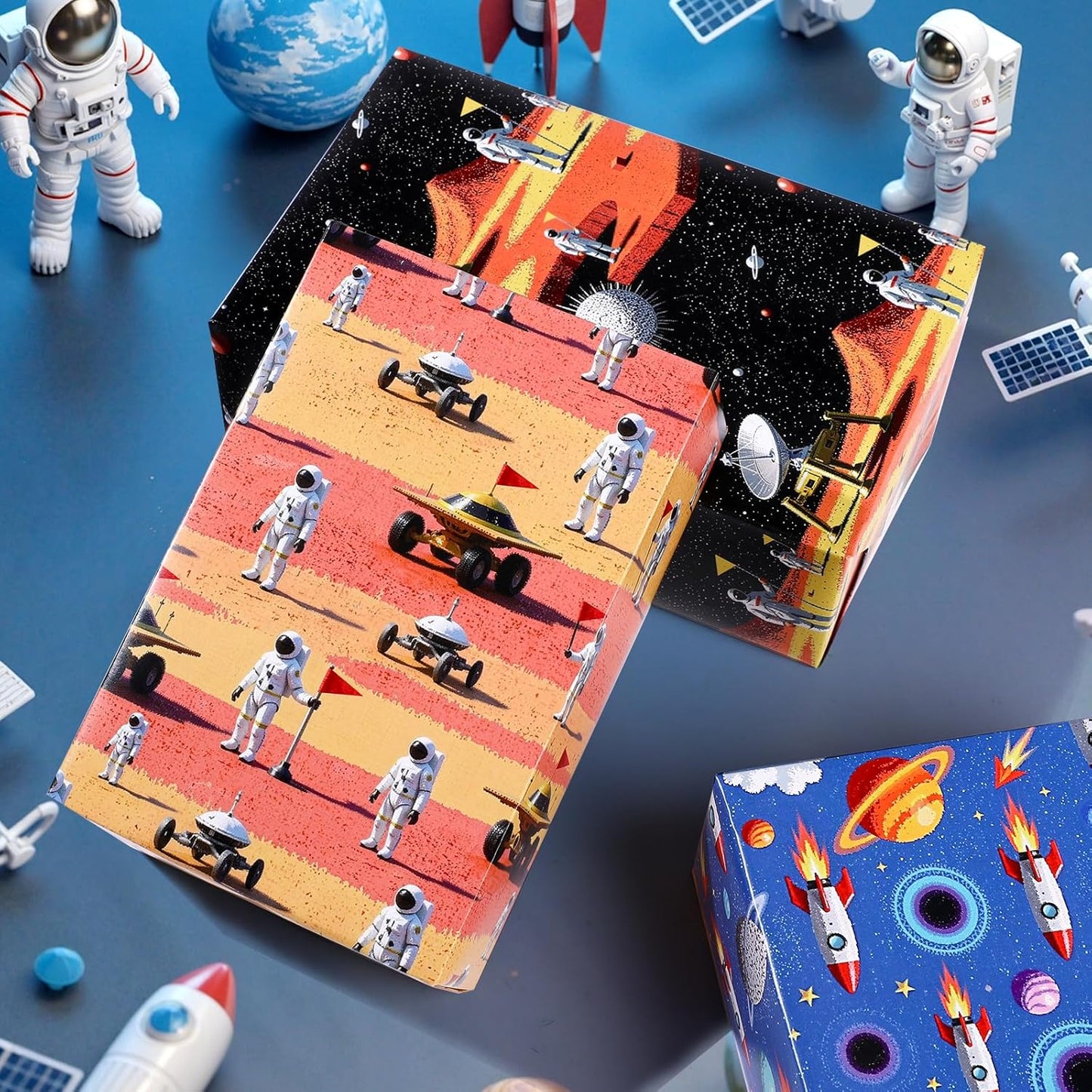 Space Wrapping Paper 12 Sheets Astronaut Rocket Planets Blue Galaxy Gift Wrap for Birthday,Baby Shower,Holiday,20"×28"