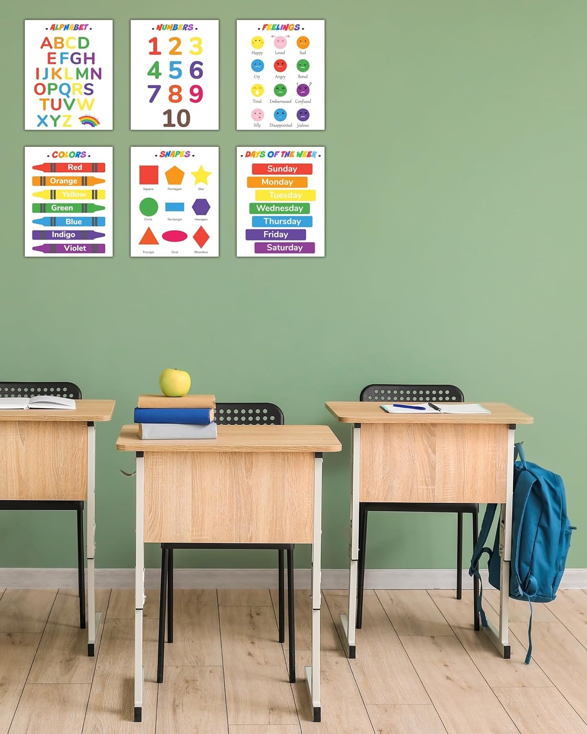 CNTG Design Educational Posters – Set of 6, 8x10 Inch Unframed Wall Art – Alphabet, Numbers, Days of the Week, Colors, Shapes & Feelings Charts for Classroom Decor (Colorful Learning)