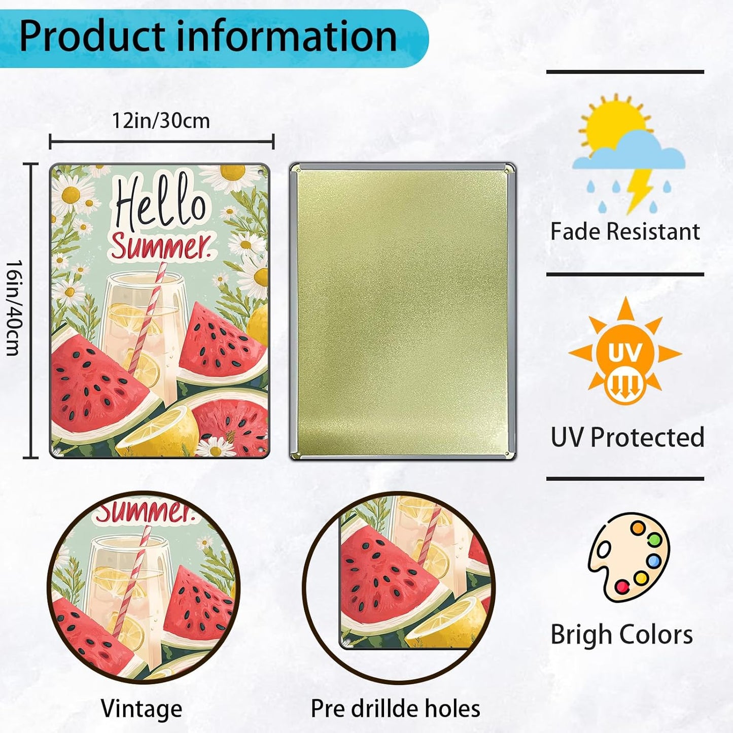 Hello Summer Vintage Tin Sign Watermelon Summer Decor Funny Wall Decor for Home Cafes Office Club 12x16 Inch