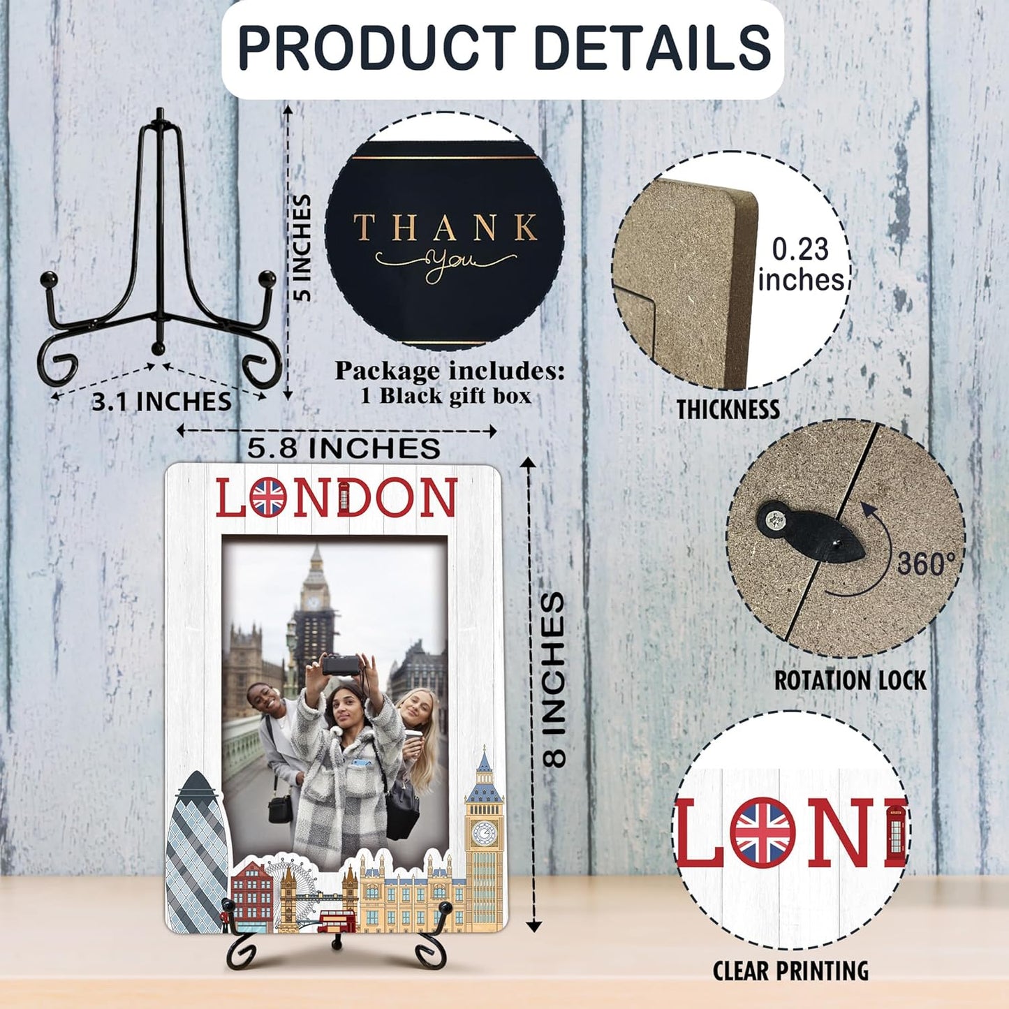 London Travel Picture Frame, 5 x 8 London Themed Wooden Photo Frame with Stand, Vacation Anniversary Honeymoon Gifts For Friend Family Couples, Home Office Desk Decorations-A20