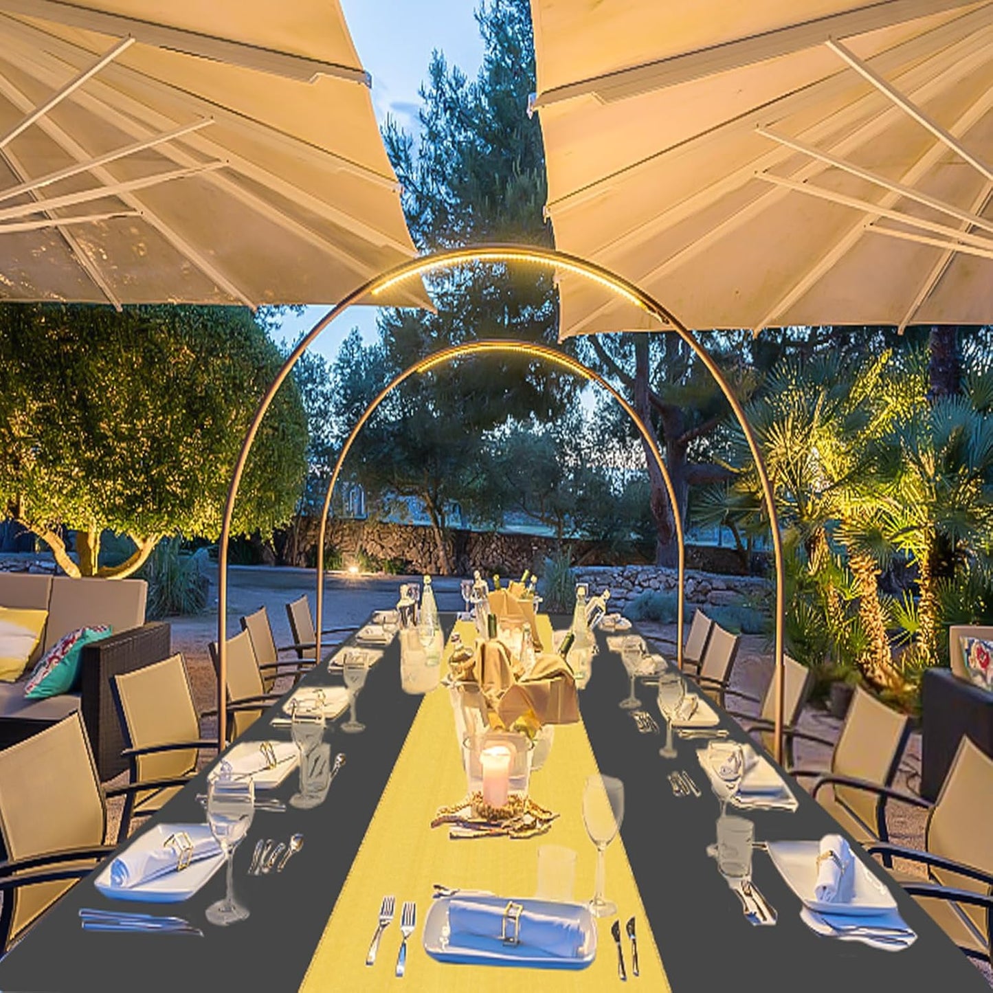 16 Packs Disposable Rectangle Tablecloth and Satin Table Runner, Black and Gold Plastic Table Cloths for Parties Table Cover for Birthday Wedding Anniversary Christmas New Year Party Decorations