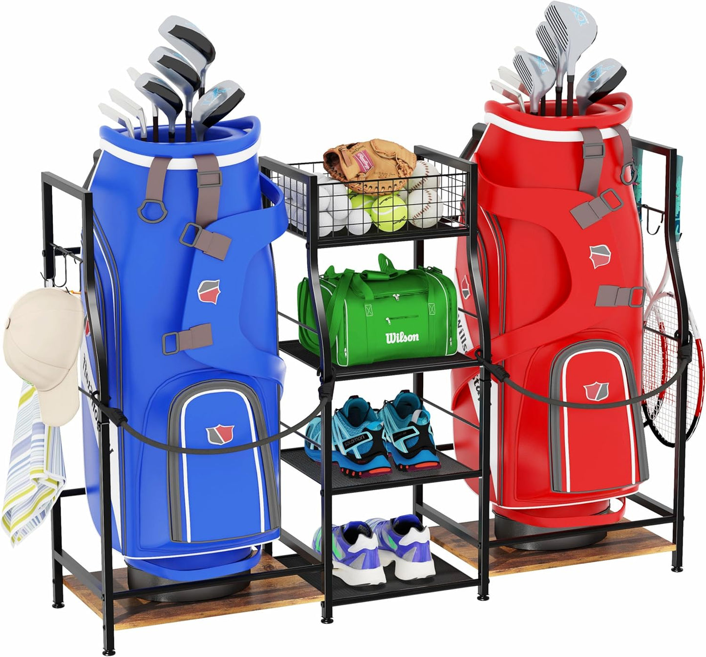 Golf Bag Storage Organizer for Garage Organization, Golf Bag Stand for Golf Bag Accessories, Spacious Golf Rack for Golf Clubs & Golf Essentials, Ideal Golf Gifts for Men (Fits 2 Golf Bags)