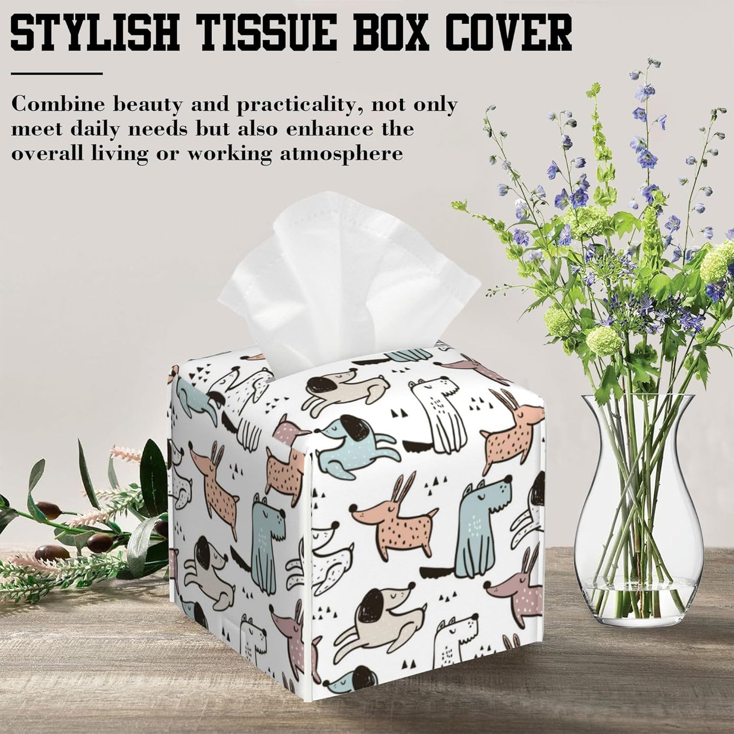 Cute Doodle Dogs Tissue Box Cover Square, Tissue Box Holder Leather Facial Paper Case Decorative Organizer Holder Dispenser Home Office Car Decor