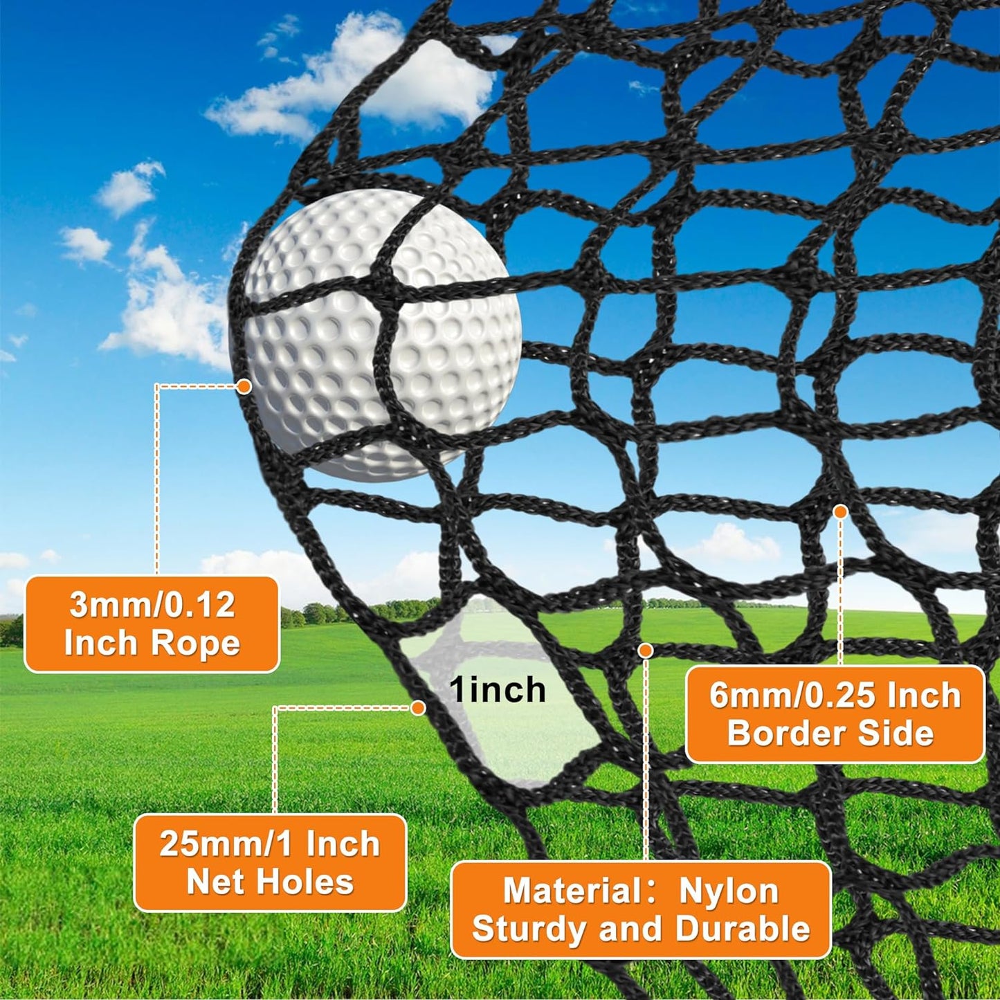 Nylon Golf Net 10-50ft - Practice Hitting Net With Rope and Carabiners, Durable Weatherproof Barrier for Baseball, Hockey, Soccer