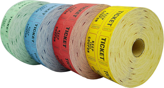 DNB 4000 Pairs Raffle Tickets - 4 Color Set of 1000 2 x 2 Inch 50/50 Double Roll Raffle Tickets - Blue/Yellow/Red/Green