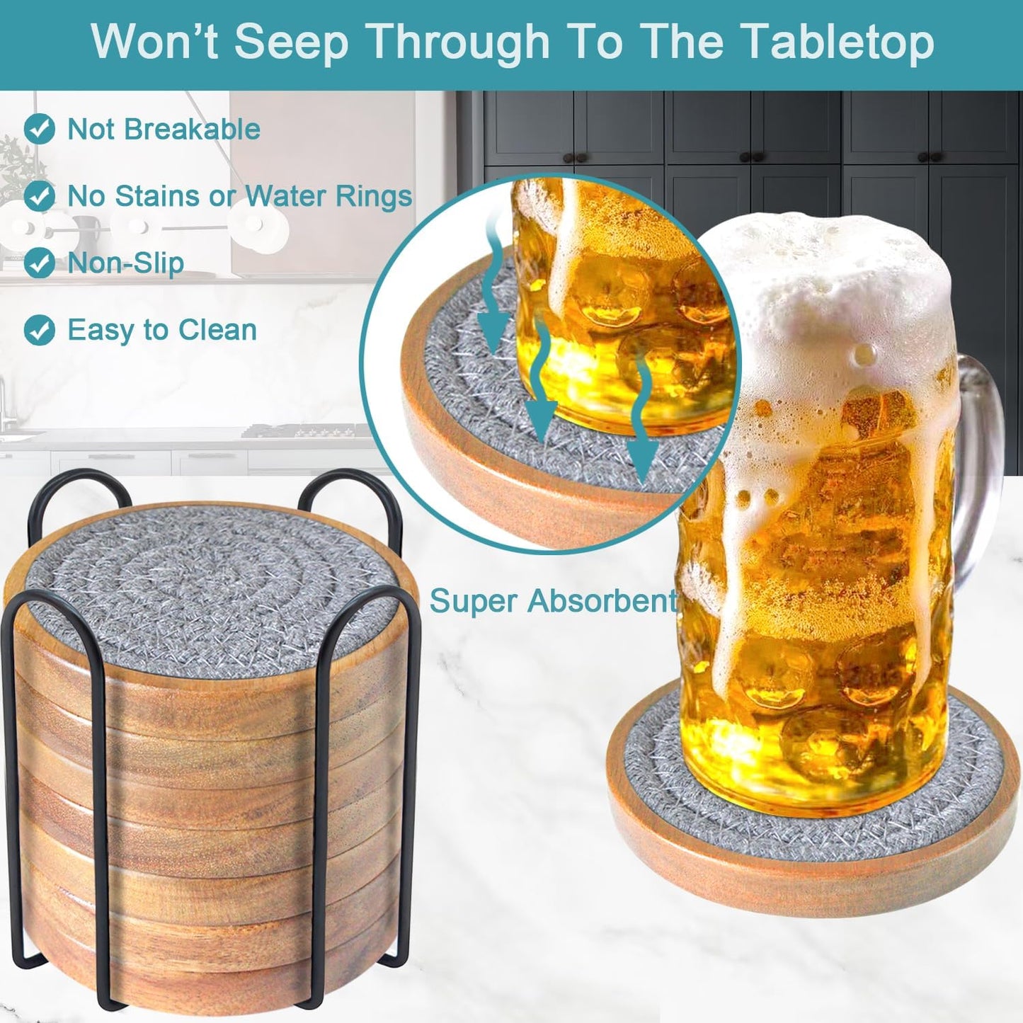 Wood Coasters for Drinks, Absorbent Coaster Sets of 8, Woven Drink Coasters for Coffee Table, Housewarming Gift for Farmhouse Home Decor,4.3 inches Gray