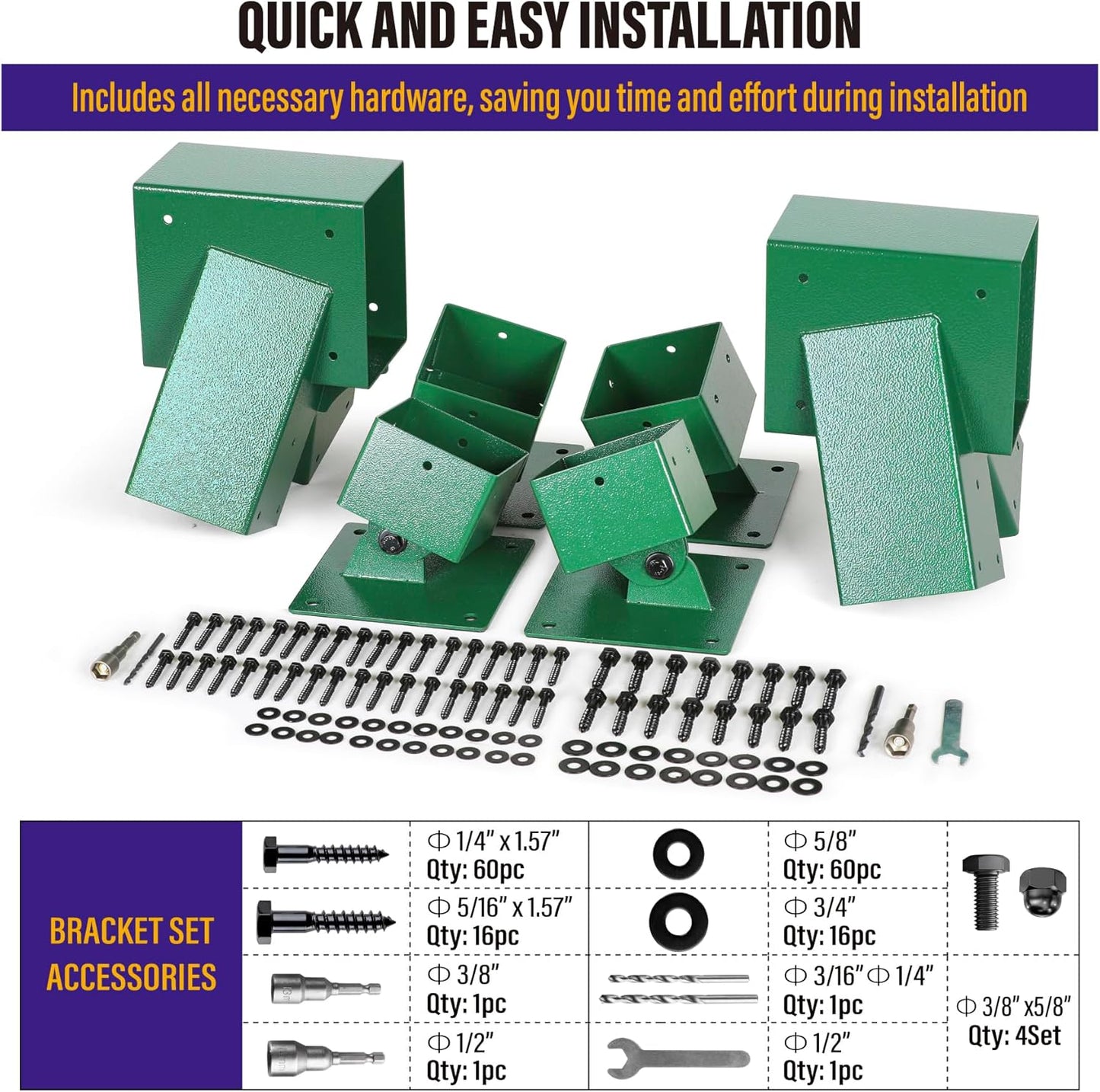 Hulave Stainless Steel Swing Bracket Kit, 4-Pack Swing Set Anchor Leveling Kit Bracket 4"x4"+2pcs A Frame Swing Set Brackets with Mounting Accessories(Green)