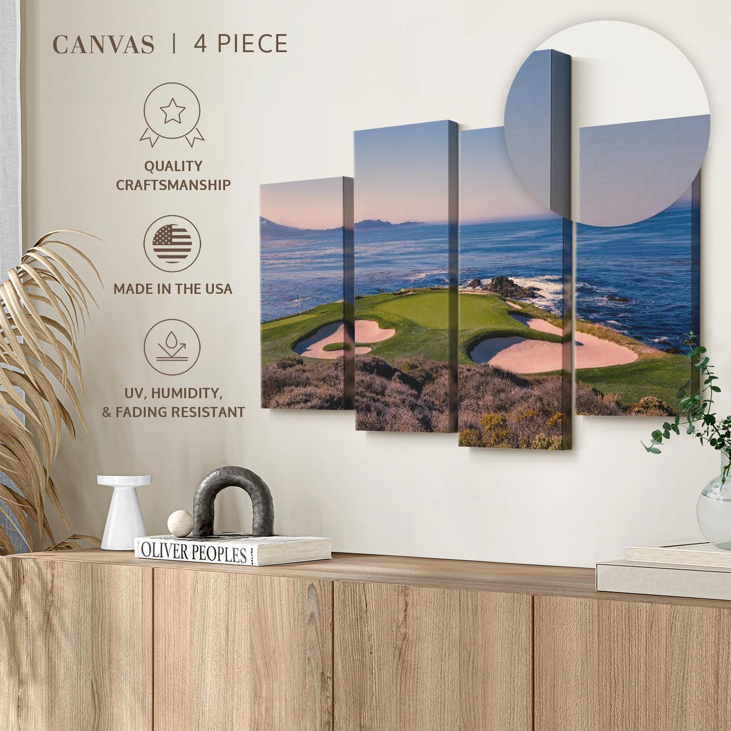 Elephant Stock Pebble Beach Golf Club Wall Art - Horizontal Canvas - 4-Piece Living Room Wall Decor - Luxury Photography Canvas Print - Beige and Blue Decor for Wall - 30" X 18"