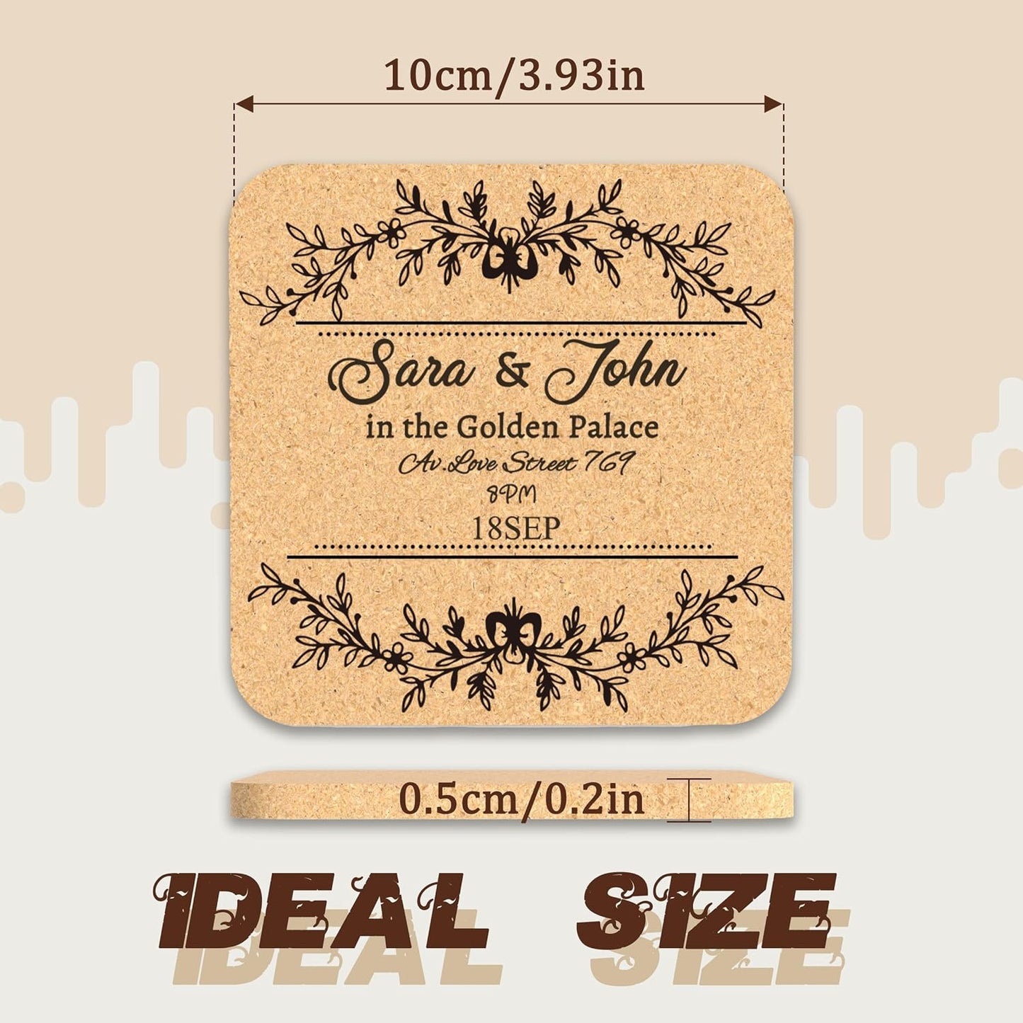 30-100Pcs Personalized Coasters, Custom Cork Drink Coasters with Laser Engraved Text Name Logo, Non-Slip, Heat-Resistant, Custom Wedding, Anniversary, Housewarming Gifts (Suqare Version)