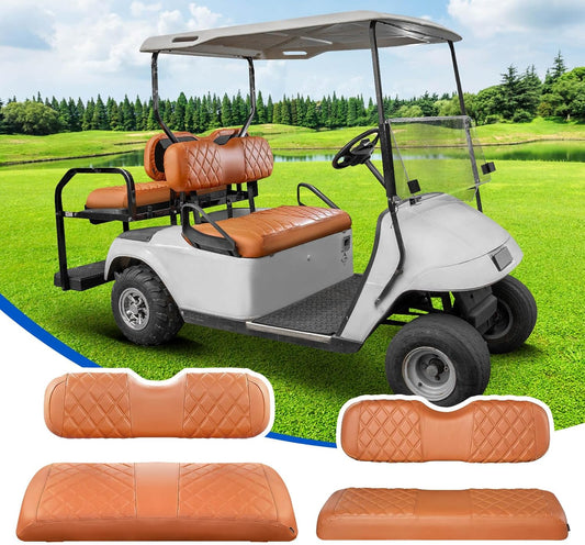 NOKINS 4PCS Golf Cart Diamond Seat Covers Kit, Front&Rear Seat Covers Fits EZGO TXT 1994-2013/EZGO RXV Standard Seat Cushion, EZGO Vinyl Seat Cover Accessories, No Staples(All Brown)