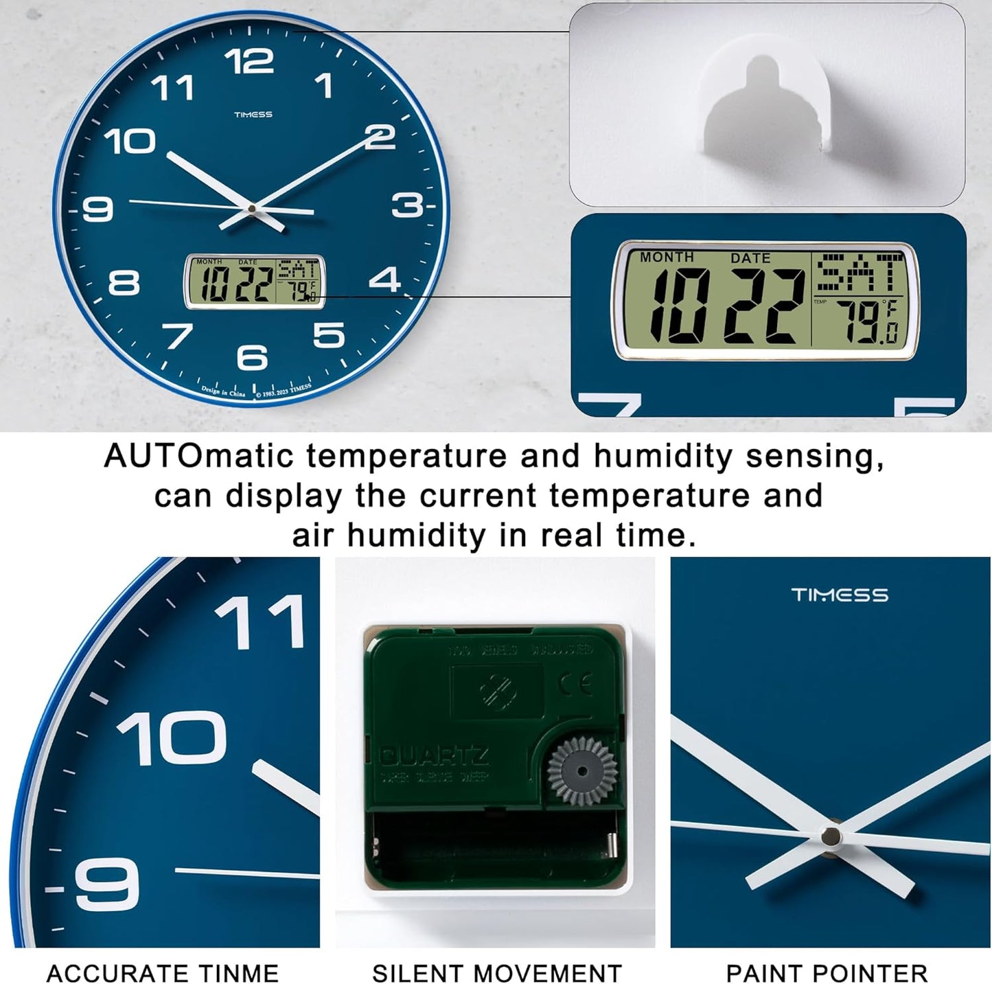 Wall Clock, 14" Large Dial Non-Ticking Silent Battery Operated Analog with LCD Display for Perpetual Calendar and F° Temperature, Ideal Modern Home, Bedroom, Kitchen, Office Decor (Blue)