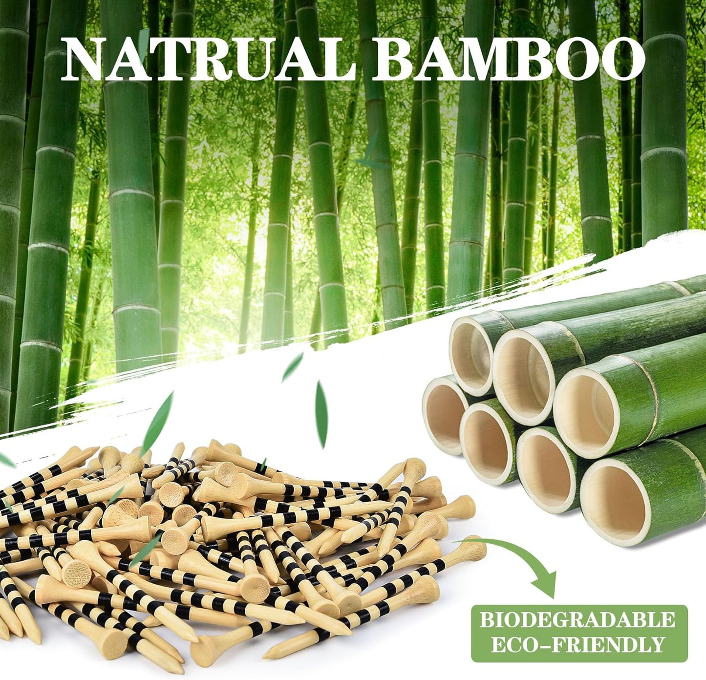 Natrual Wooden Golf Tees 100 Pack (2-3/4" & 3-1/4" Available) Biodegradable Bamboo Golf Tees,More Sturdy and Stable,Natural/White Color