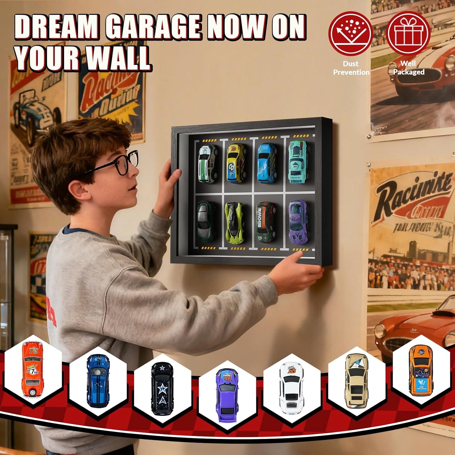 JupDec Magnetic 1:64 Scale Display Case for Hot Wheels, Clear Acrylic Toy Car Diecast Shadow Box with Parking Layout Mat for Matchbox, Wall Mount or Tabletop Display Box, Ideal Gift for Collectors