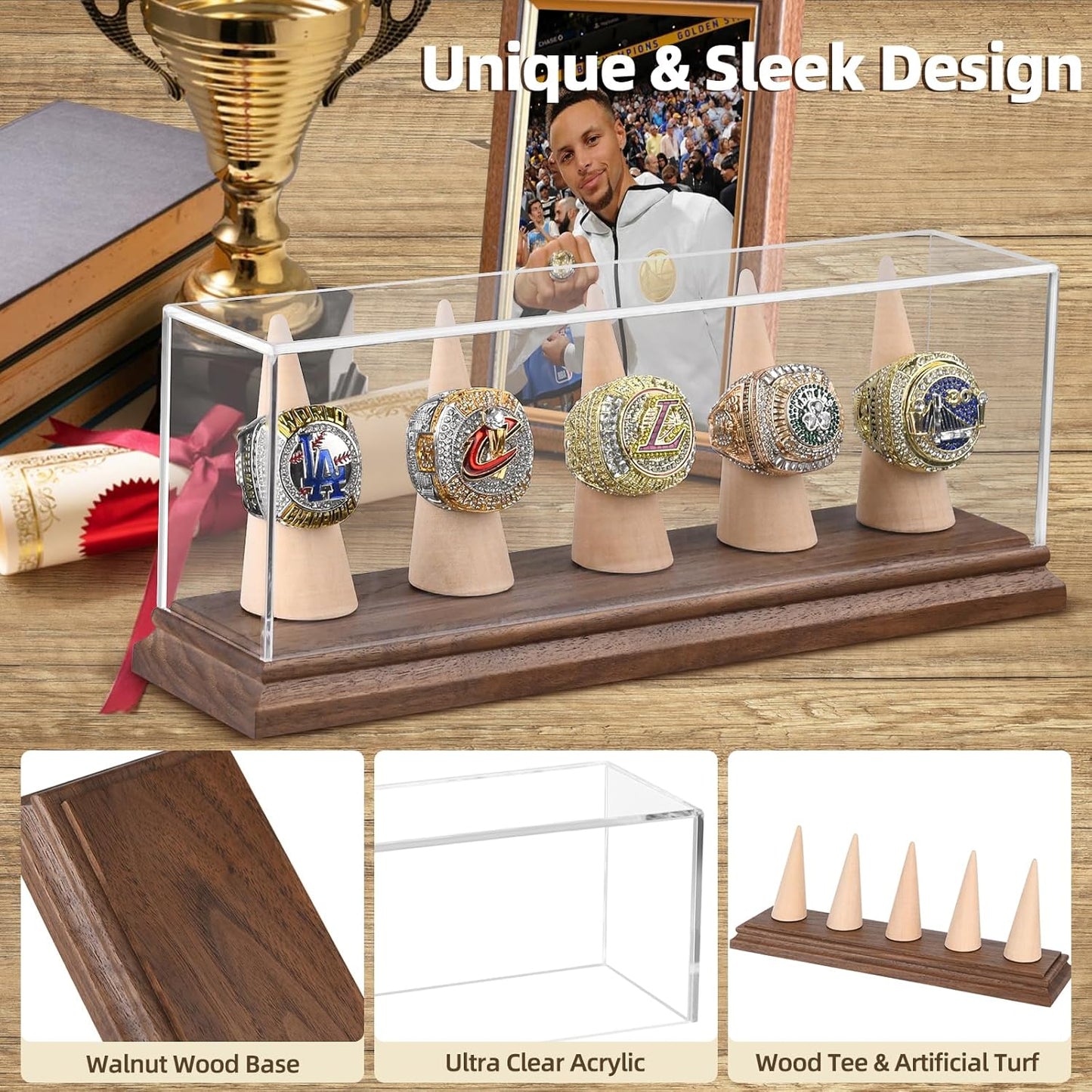 Championship Ring Display Case Baseball Softball Football Ring Holder for 5 Rings Wanult Wood Base Acrylic Sports Ring Display Case Stand for Men Wooden Ring Box for Women Memorabilia Showcase Cube