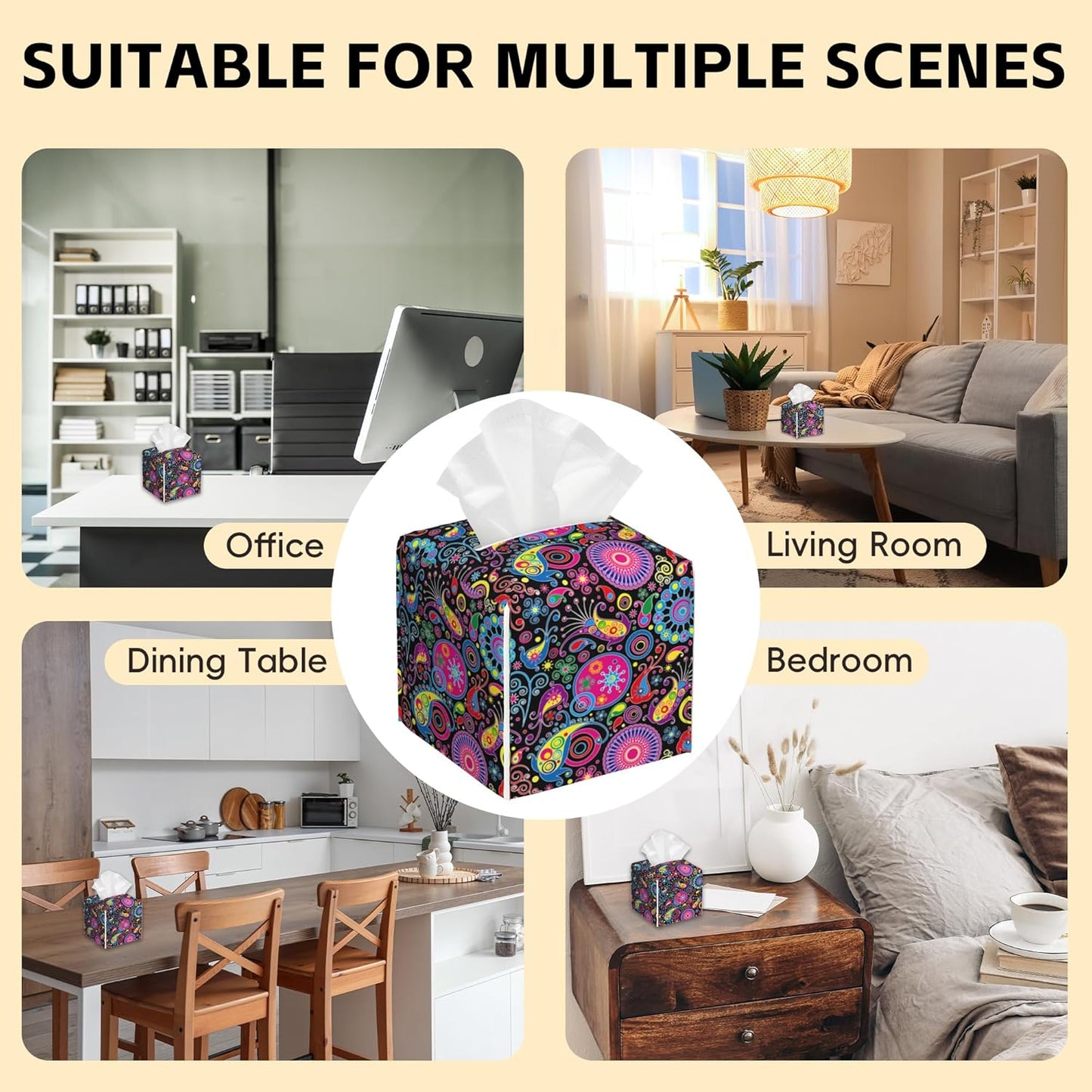 Tissue Box Cover Square,Boho Mandala Flowers and Paisley Tissue Box Holder Waterproof Leather Facial Paper Case Modern Home Decoration for Bedroom Dresser Night Stand Office Desk