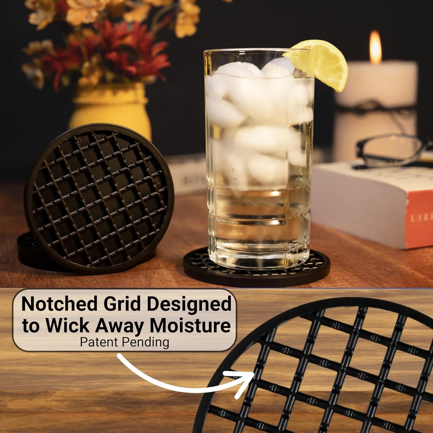 Ultimate Drink Coasters with Holder,[4 Pack] Drinking Coasters - Cup Coaster for Hot or Cold Drinks, Durable, Non-Slip, Non-Stick, Black (White)