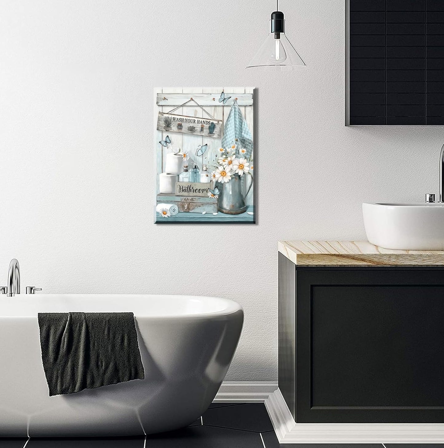 Framed Farmhouse Bathroom Canvas Wall Art Country Butterfly Daisy Wall Decor Pictures Teal Bathroom Painting Wash Your Hands Sign Poster Prints for Toilet Bathroom Home Decoration