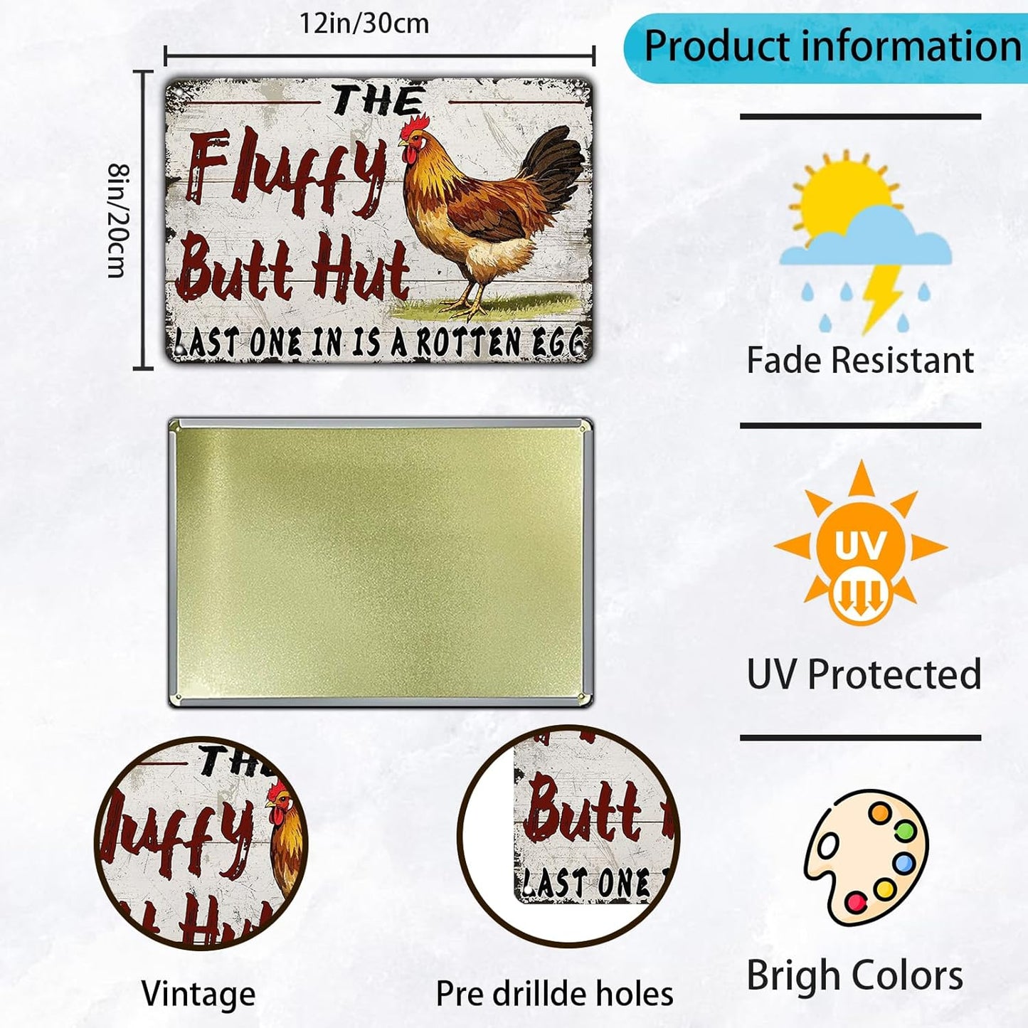 Funny Chicken Coop Metal Tin Sign 12x8 Inch Fluffy Butt Hut Last One In Is A Rotten Egg Chicken Tin Sign Chicken Coop Poster Home Kitchen Garden Bar Restaurant Coffee Are Wall Decor