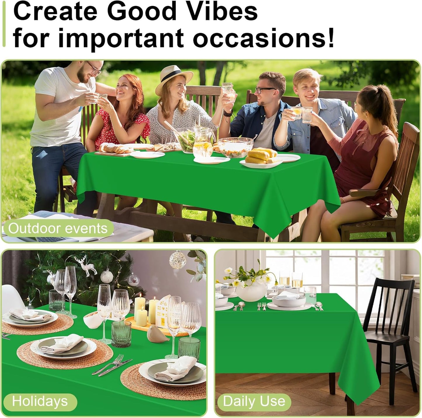 QIKSION Plastic Table Cloth Disposable 6 Pack, 54 x 108 Inch Tablecloths for Rectangle Tables, Green Plastic Table Cover