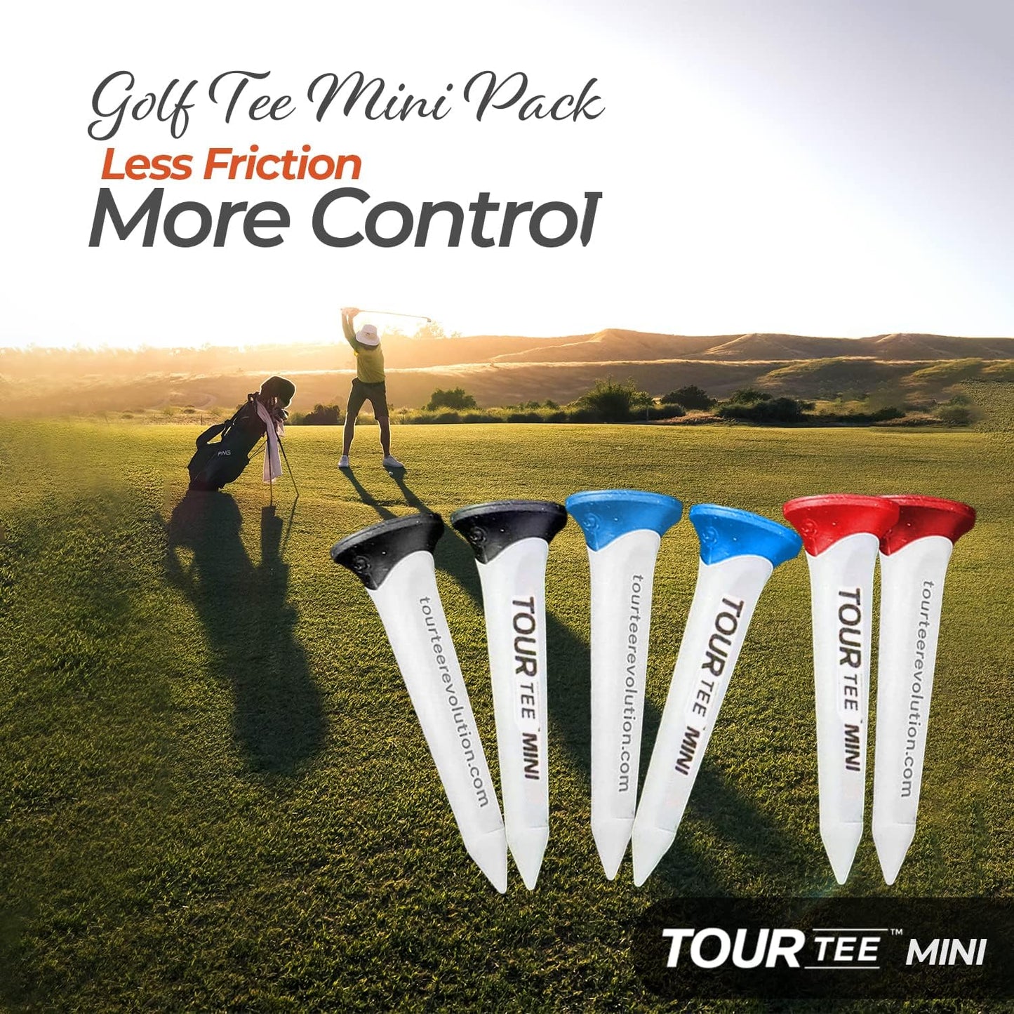 CMCDESIGN Tour Tee Mini Pack - Frictionless Golf Tees for More Distance & Consistent Yards - Reusable, Made w/Recycled Plastic and Virtually Unbreakable - Six 1.75” Short Golf Tees w/Rubber Tip