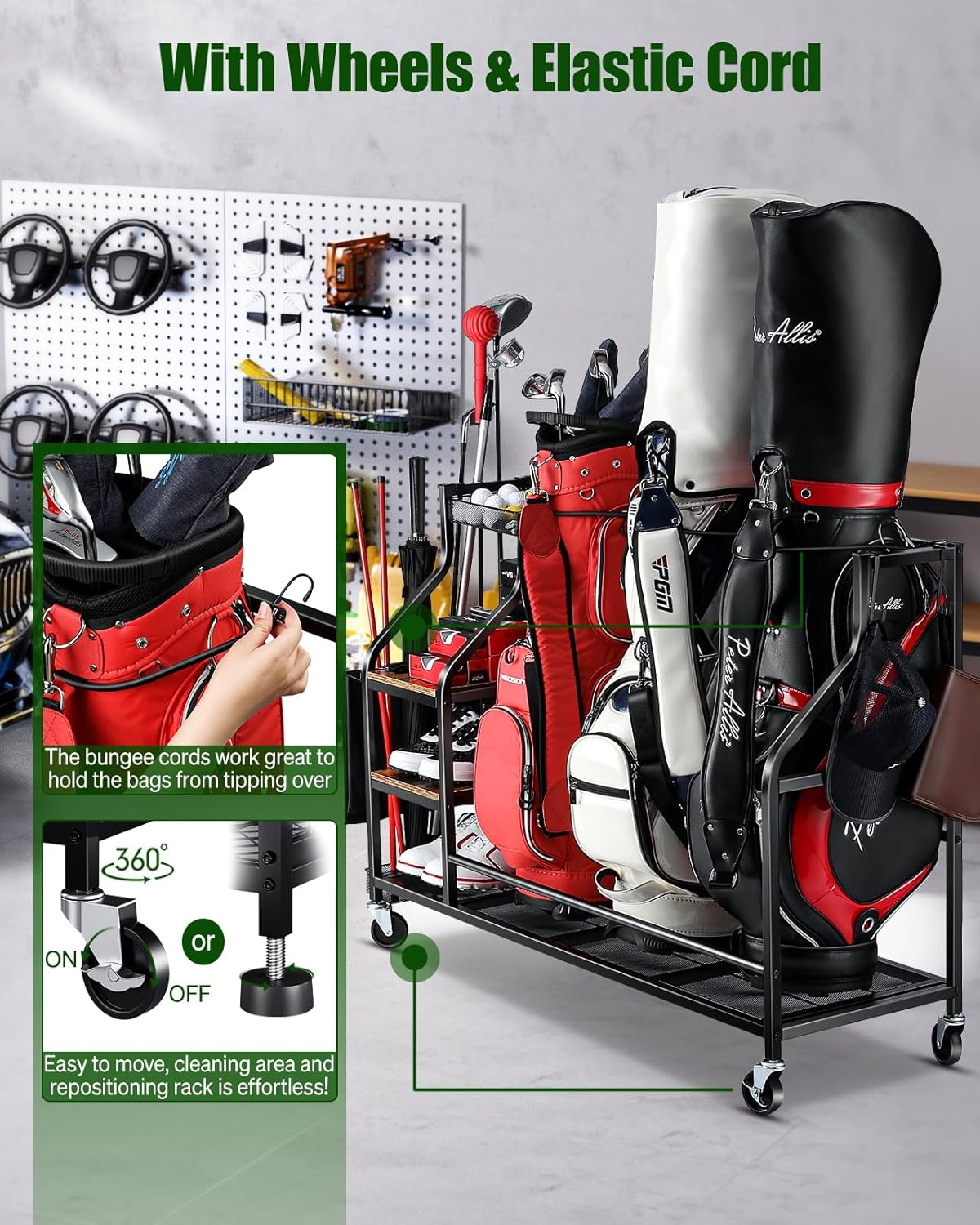 Golf Bags Storage Garage Organizer- Golf Bag Stand for Golf Bags, Clubs, Balls, Golf Equipment Accessories, Golf Bag Storage Rack with Wheels for Garage, Club, Basement