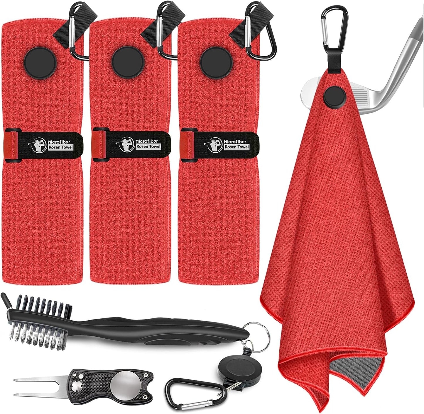 Magnetic Golf Towel, 3 PCS Microfiber Golf Towels with Brush and Divot Tool for Men, Industrial Strength Magnet Accessories for Strong Hold to Golf Bags, Carts or Clubs (3 Pack Red)