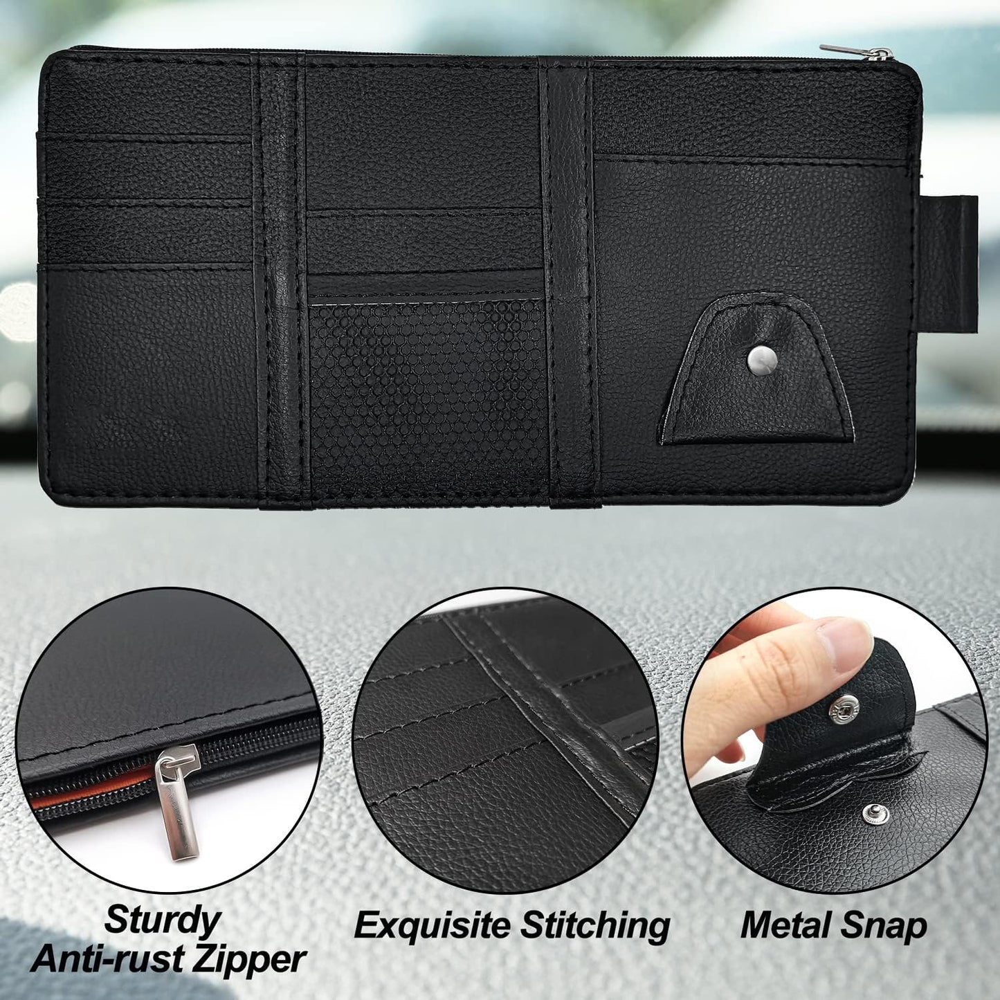 Keedolla Car Sun Visor Organizer, Auto Interior Accessories Pocket Organizer Visor Storage Pouch Sunglasses Holder with Zipper Pocket for Truck, SUV - Black