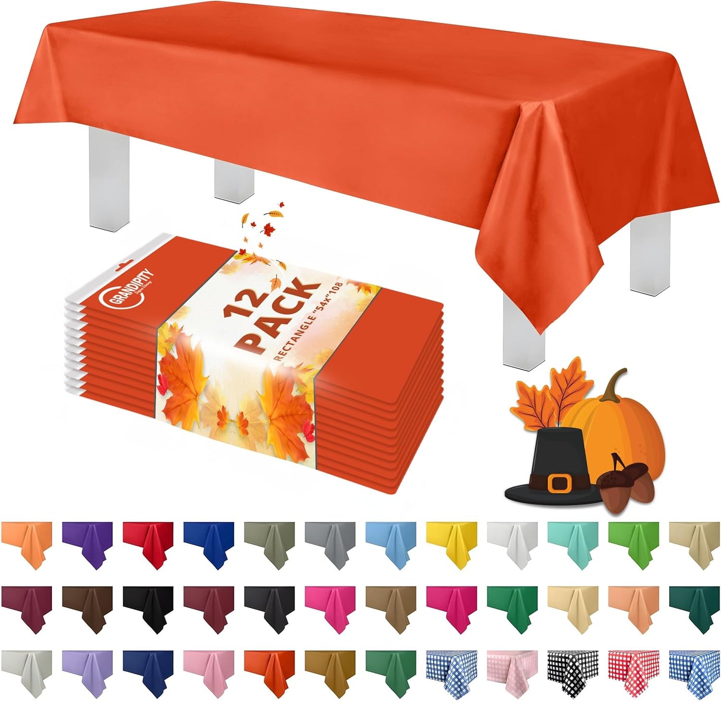Grandipity 12 Pack Premium Disposable Plastic Tablecloth 54 Inch. x 108 Inch. Decorative Rectangle Table Cover - Orange