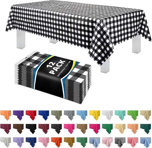 Grandipity 12 Pack Premium Disposable Plastic Tablecloth 54 Inch. x 108 Inch. Decorative Rectangle Checkered Table Cover - Black Checkered Gingham