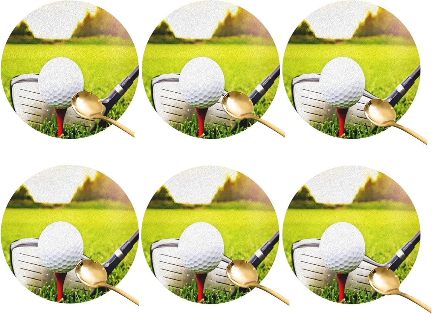 Coasters for Drinks Set of 6, Golf Ball Sports Drink Coasters for Coffee Table, Table Cup Mat Leather Desk Coaster for Drinks, Bar Coasters for Office Home Decor