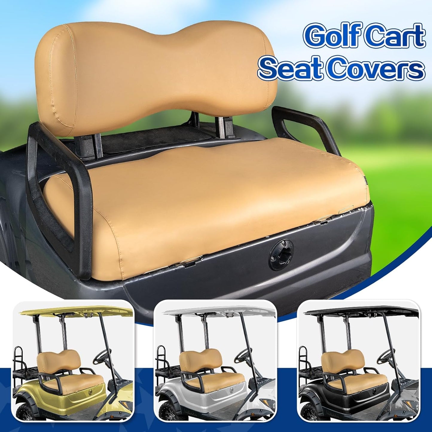 NOKINS Golf Cart Seat Covers Leather Front Seat Cover Fit Yamaha Drive&Drive 2,Smooth and Simple Style,No Stapler,Golf Cart Vinyl Waterproof Replacement Seat Cover,Tan