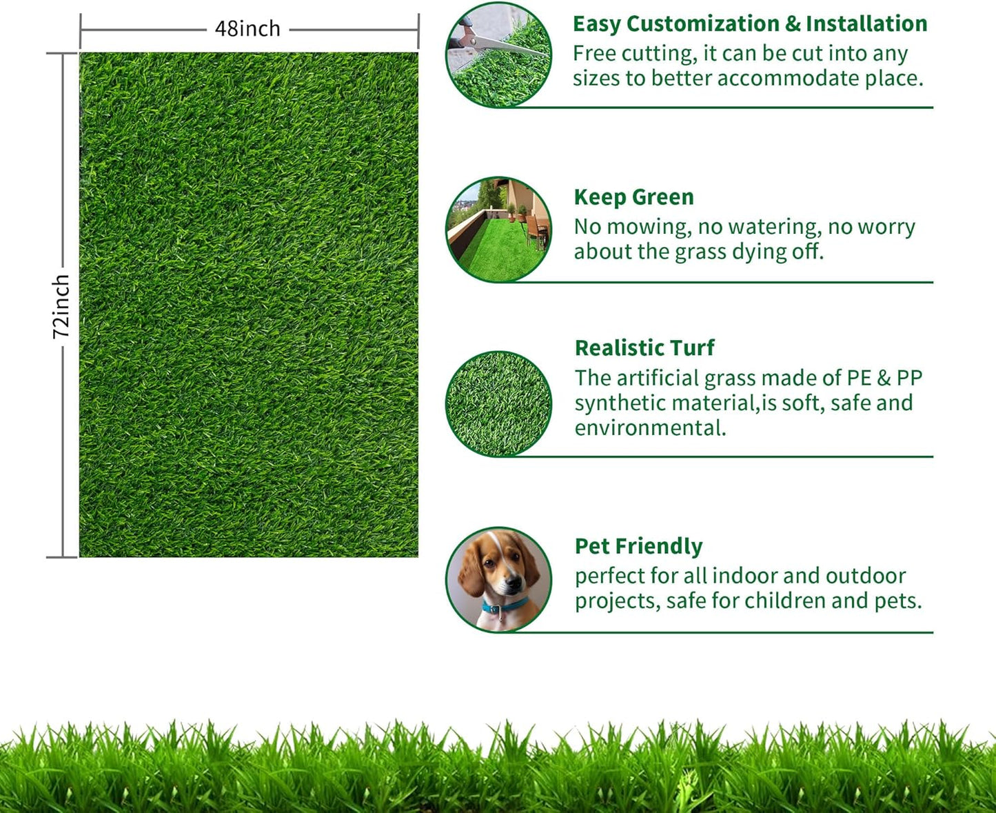 Artificial Grass Turf Mat, 4/5 Inch Indoor Outdoor Entrance Mat, Pet-Friendly Decoration, Easy to Clean (72” x 48”)