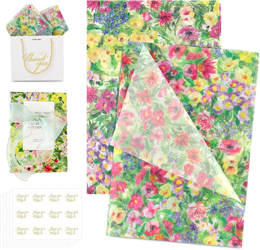 100 Sheets Oil Painting Style Floral Tissue Paper with Stickers,20x14 Inch Botanical Gift Wrapping Paper for Birthday, Wedding, Baby Shower, Bridal Shower, DIY Crafts and Party Favors