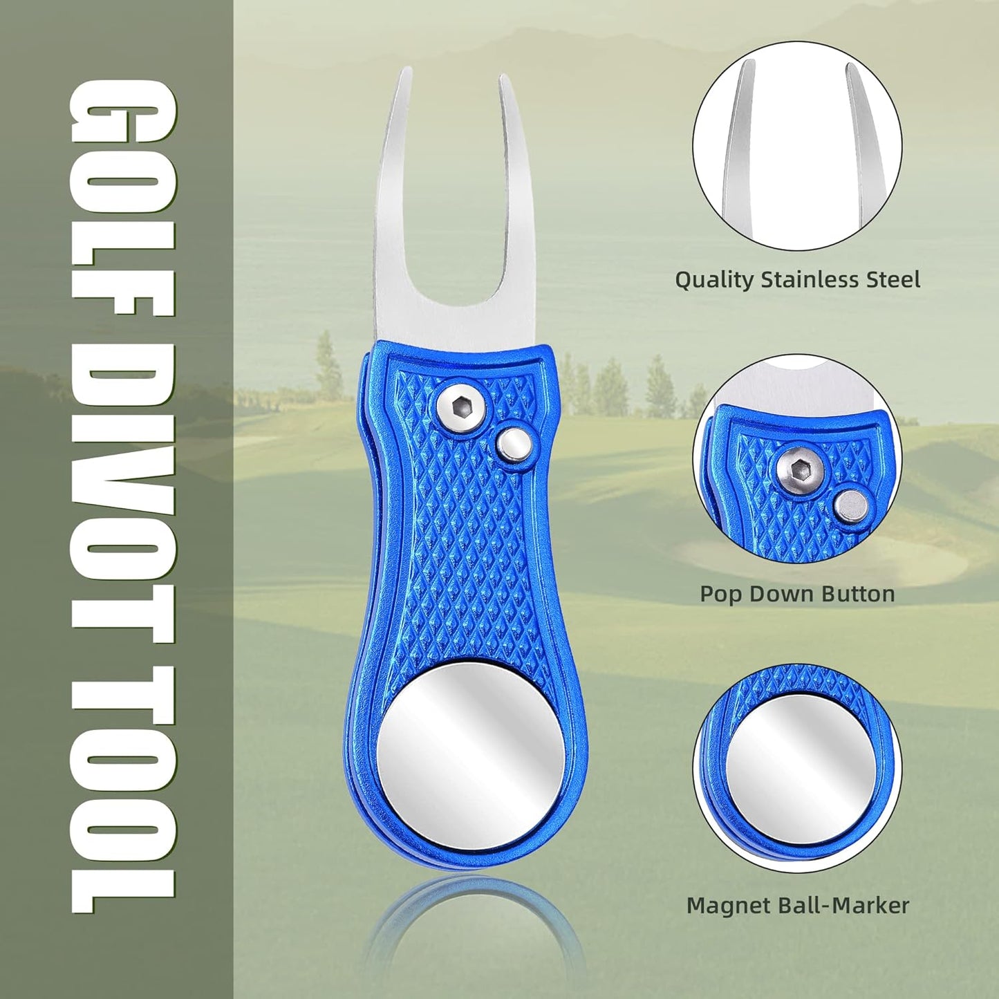 Mile High Life Golf Divot Repair Tool, All Metal Foldable Divot Tool with Pop-up Button & Magnetic Ball Marker