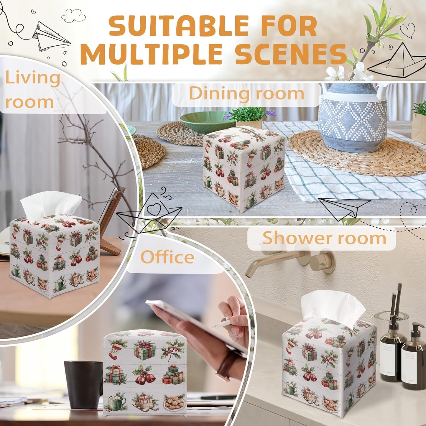 Merry Christmas Tissue Box Holder, Bow Leather Tissue Box Cover Square, Paper Facial Decorative Tissues Cover for Night Stands Bathroom Kitchen Office Home Decor-B32