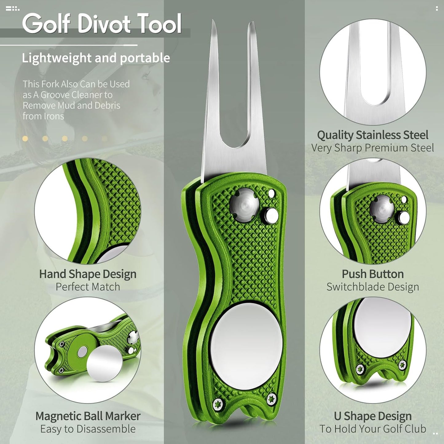 Skylety 4 Pcs Golf Divot Repair Tool Metal Foldable Golf Divot Tool with Magnetic Pop-up Button Ball Marker Stainless Steel Switchblade for Golfers Prizes