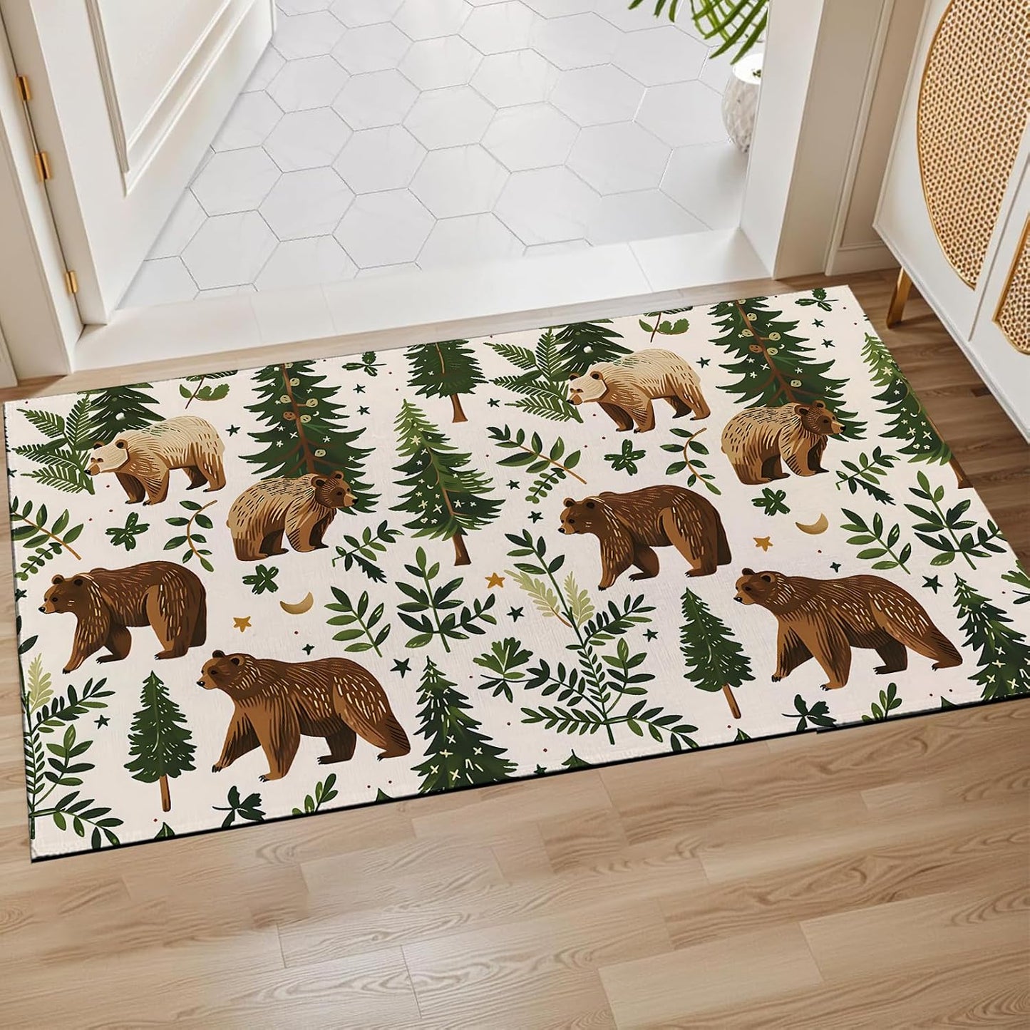 Bear Indoor Door Mat,Cute Woodland Pine Tree Retro Floor Doormat,17x29.5in,Non Woven Non Slip Rubber Backing Forest Animal Rug for Porch Insider,Bedroom,Kitchen,Doormats Gifts,Rv Camper Decor